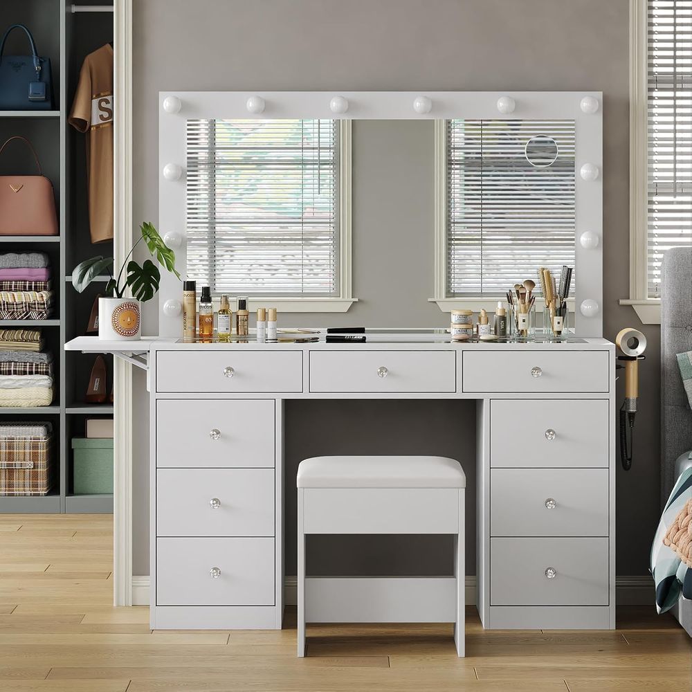 Desk Vanity Setup - Tocador con enchufe, 9 cajones, espejo